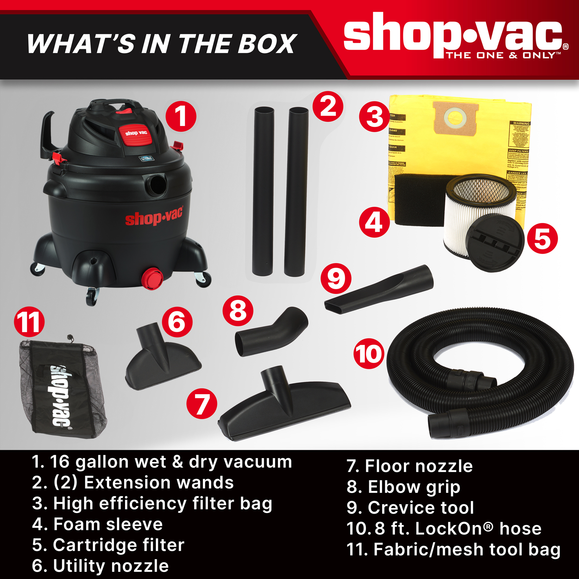 The Shop-Vac® 16 Gallon 6.5 Peak HP Wet/Dry Utility Vac 8252605 features Powerful Motor Technology.